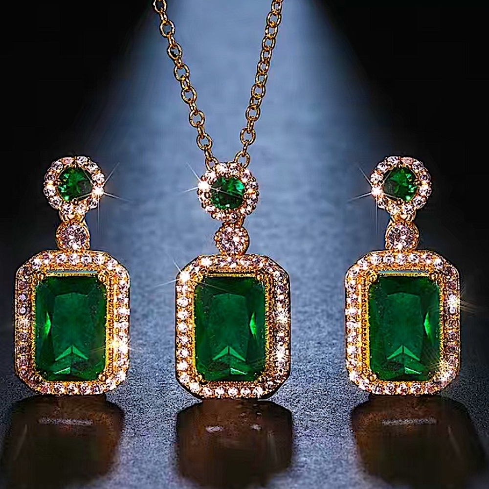 Emerald Gold Plated Zircon Charm Pendant Necklace Matching Earrings Set